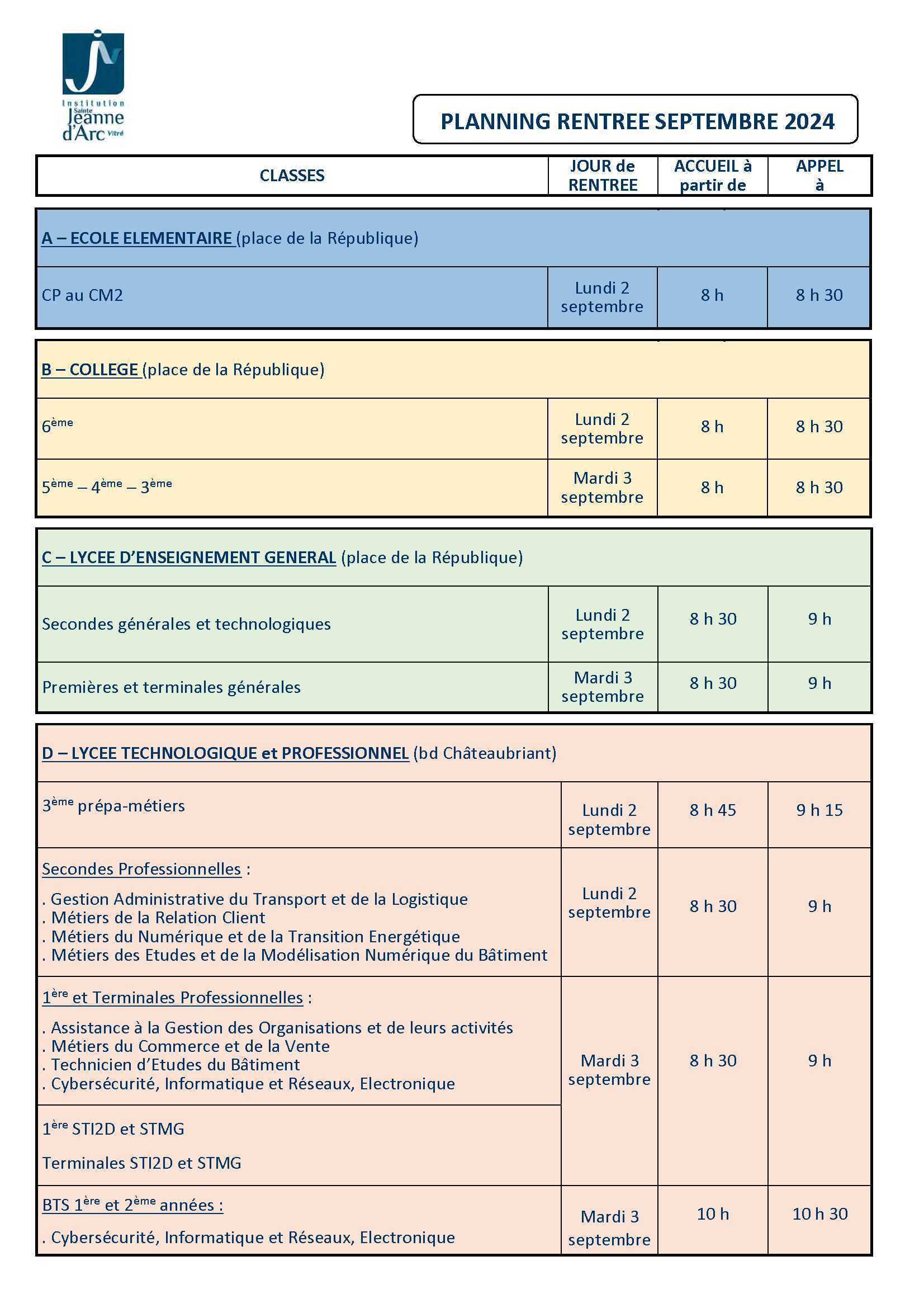 Planning rentrée 2024